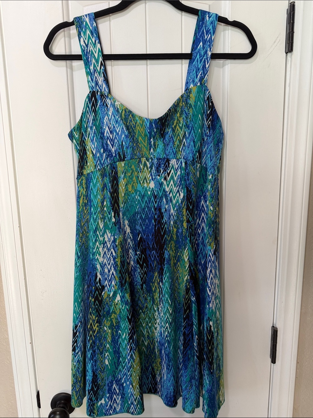 Blue Green Chevron Midi Sundress with Wide Straps